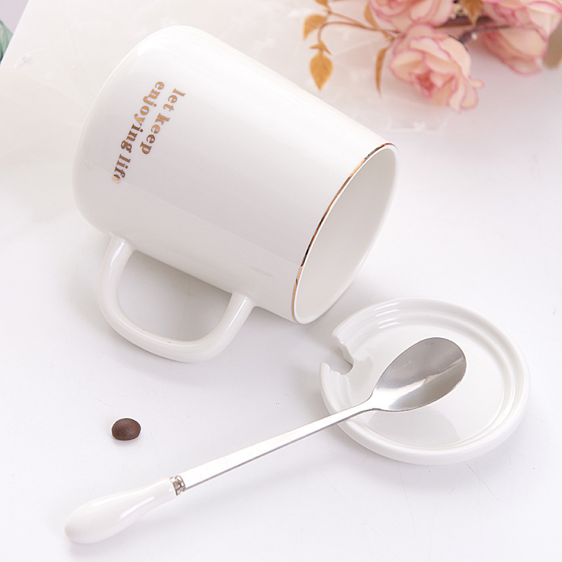 420ml Simple Breakfast  Universal Couple Home Coffee Cup Solid Color Student Mugs Ceramic Tea cup with spoon and cover gift