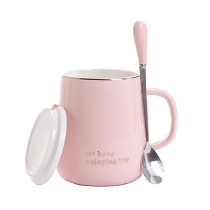 420ml Simple Breakfast  Universal Couple Home Coffee Cup Solid Color Student Mugs Ceramic Tea cup with spoon and cover gift