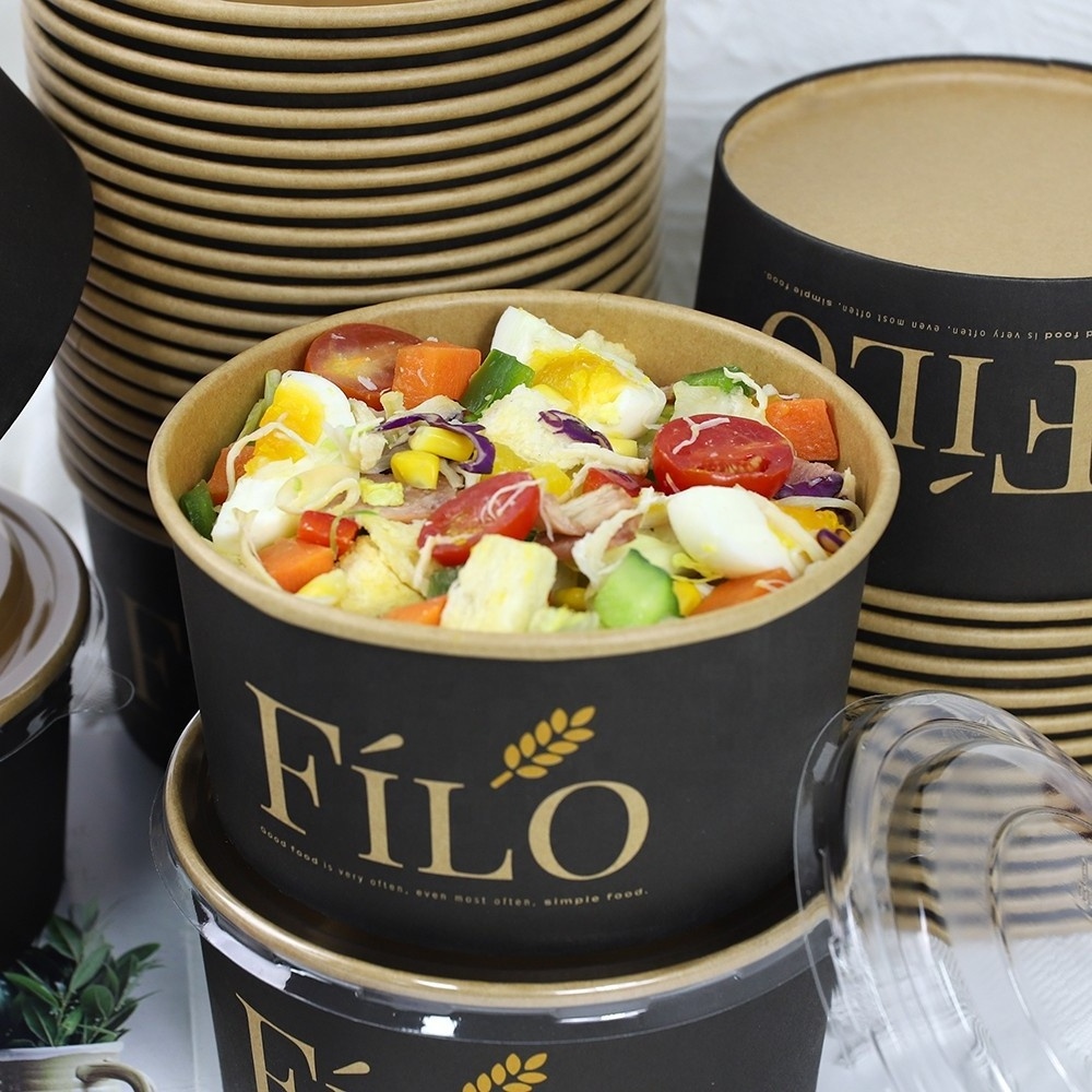 Hot Sale Wholesale Disposable Black Printed Rectangle Square Takeout Kraft Paper Salad Lunch Bowl With Lid 1100ml