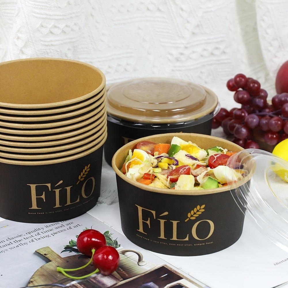 Hot Sale Wholesale Disposable Black Printed Rectangle Square Takeout Kraft Paper Salad Lunch Bowl With Lid 1100ml