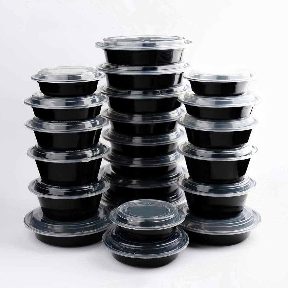 Disposable Round Black Microwave PP Fast-food Package Hot Soup Food Salads Fruit Deli Container with Lids