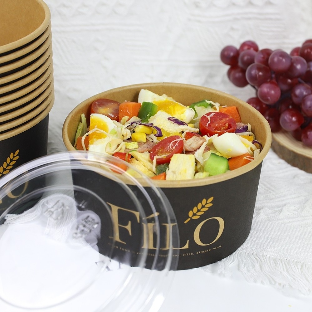 Hot Sale Wholesale Disposable Black Printed Rectangle Square Takeout Kraft Paper Salad Lunch Bowl With Lid 1100ml