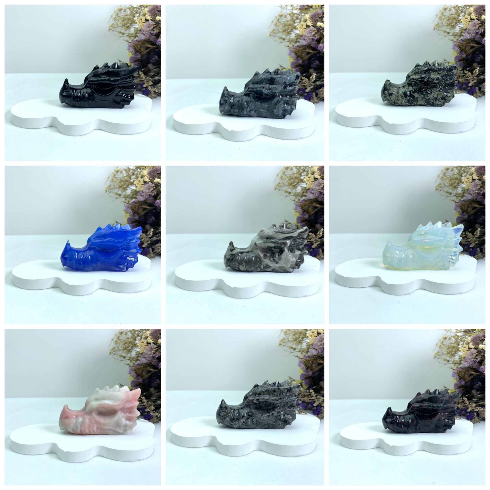 wholesale 7cm crystal dragon head healing stones carvings polished natural rose quartz obsidian for crystal crafts