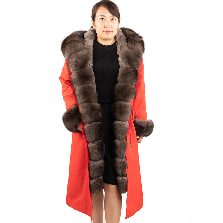 winter women fur parkas coats hooded fox trim rabbit fur lining padded thick warm fur jackets coats