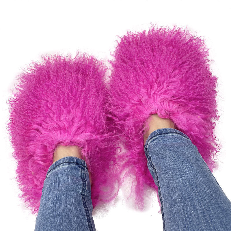 new design wholesale price fashion indoor outdoor real sheep fur slides fluffy plush mongolian fur slippers for women