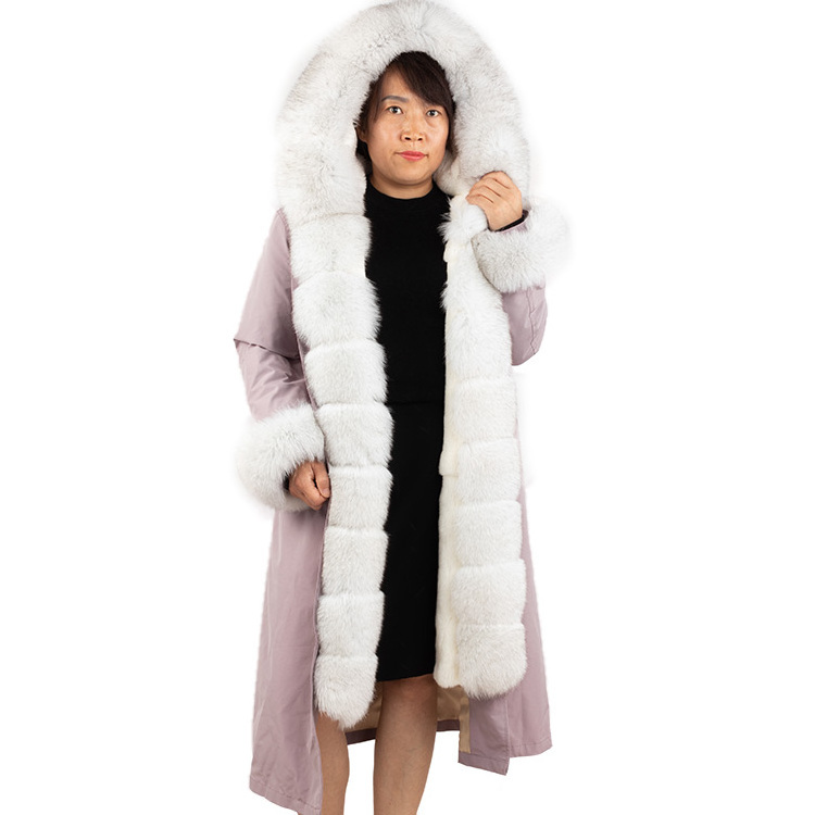 winter women fur parkas coats hooded fox trim rabbit fur lining padded thick warm fur jackets coats