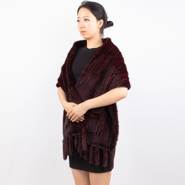 Women Genuine Fur Scarf Shawl wtih Tassels Knitted Winter Real Mink Fur Scarves Poncho