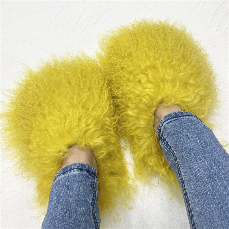 new design wholesale price fashion indoor outdoor real sheep fur slides fluffy plush mongolian fur slippers for women