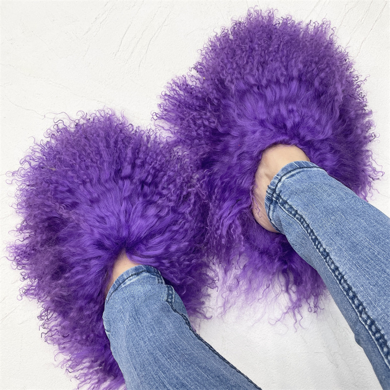 new design wholesale price fashion indoor outdoor real sheep fur slides fluffy plush mongolian fur slippers for women