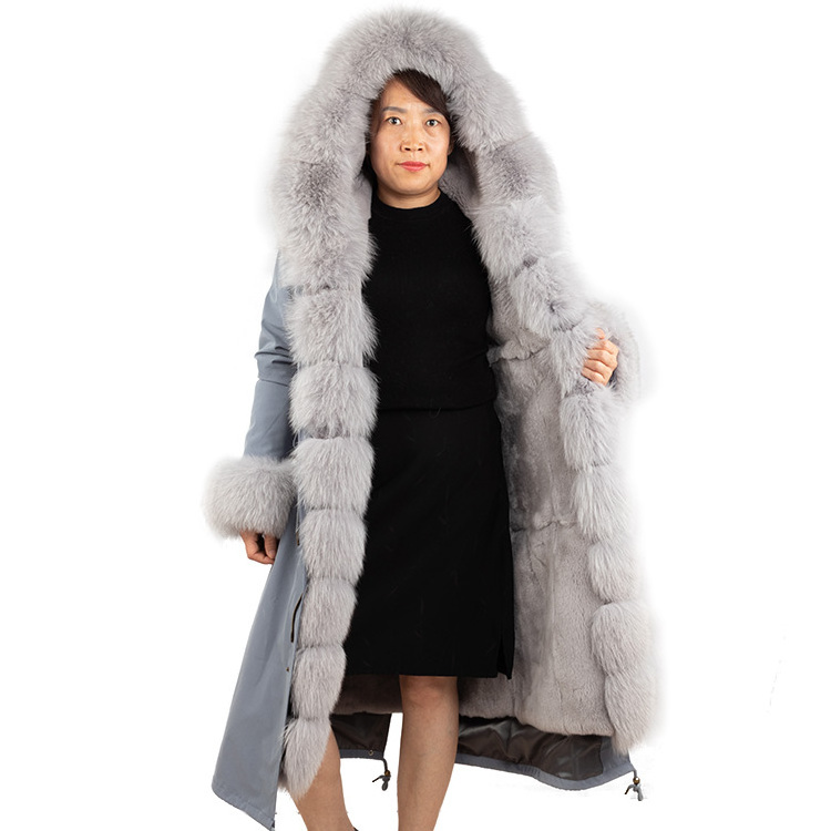 winter women fur parkas coats hooded fox trim rabbit fur lining padded thick warm fur jackets coats