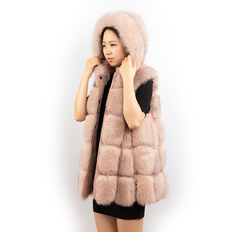 Wholesale Fur Gilet Pink Women Real Fox Fur Vest with hood