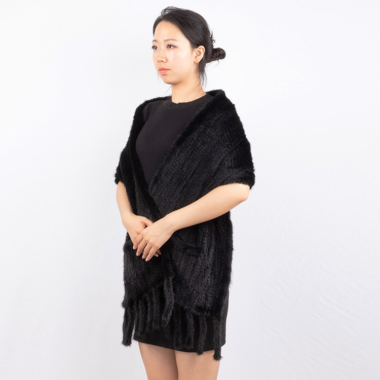 Women Genuine Fur Scarf Shawl wtih Tassels Knitted Winter Real Mink Fur Scarves Poncho