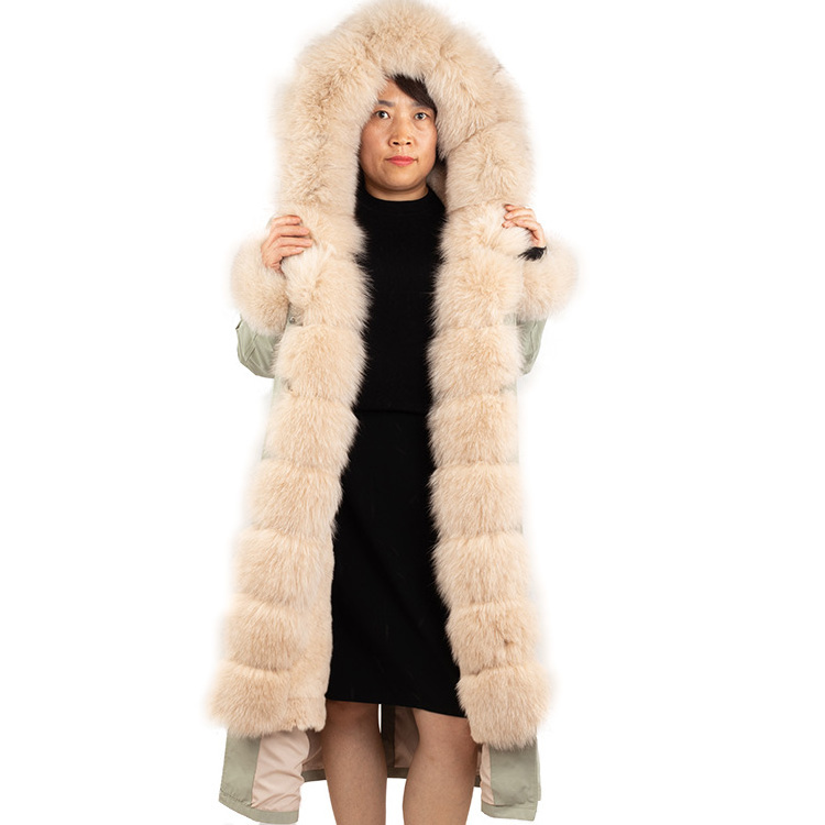 winter women fur parkas coats hooded fox trim rabbit fur lining padded thick warm fur jackets coats