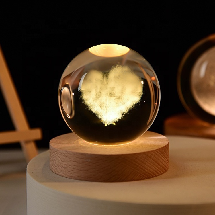 Crystal 3d ball night lamp solar system glass crystal ball luminous wooden tabletop Ornament Festival graduation gift