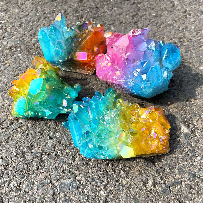 Raw Geode Iridescent Electroplating Pink Aura Crystal Cluster Natural Rock Rainbow Clear Quartz Cluster Crystal For Fengshui