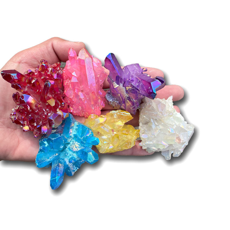 Raw Geode Iridescent Electroplating Pink Aura Crystal Cluster Natural Rock Rainbow Clear Quartz Cluster Crystal For Fengshui