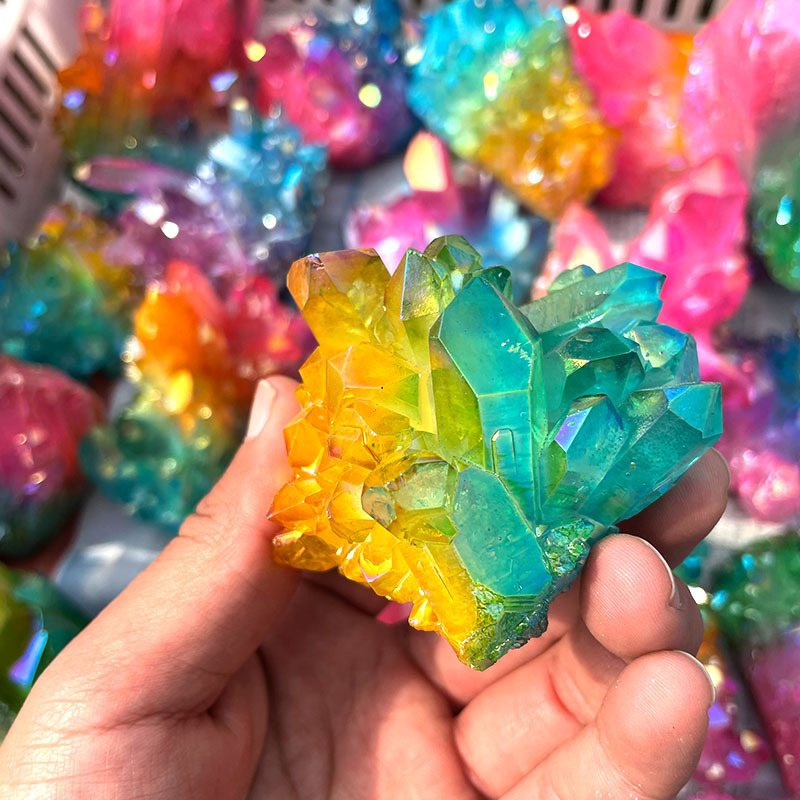 Raw Geode Iridescent Electroplating Pink Aura Crystal Cluster Natural Rock Rainbow Clear Quartz Cluster Crystal For Fengshui