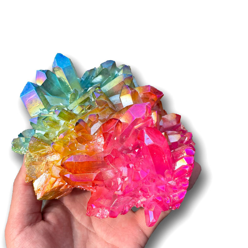 Raw Geode Iridescent Electroplating Pink Aura Crystal Cluster Natural Rock Rainbow Clear Quartz Cluster Crystal For Fengshui