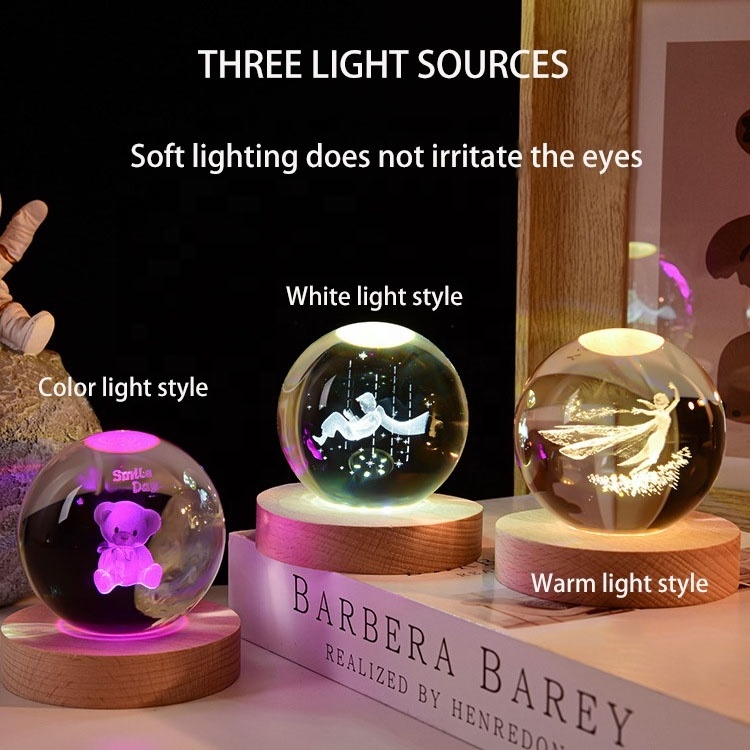 Crystal 3d ball night lamp solar system glass crystal ball luminous wooden tabletop Ornament Festival graduation gift