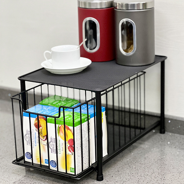 2 Tier Stackable Slide Out Cabinet Storage Shelves Under Kitchen Sink Organizers and Storage With Basket