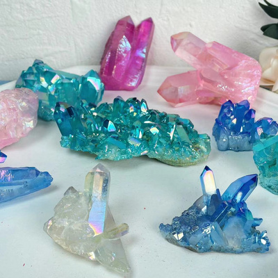 Wholesale Rainbow Color High Quality Aura Clear Quartz Cluster Angel Aura Crystal Cluster For Decor