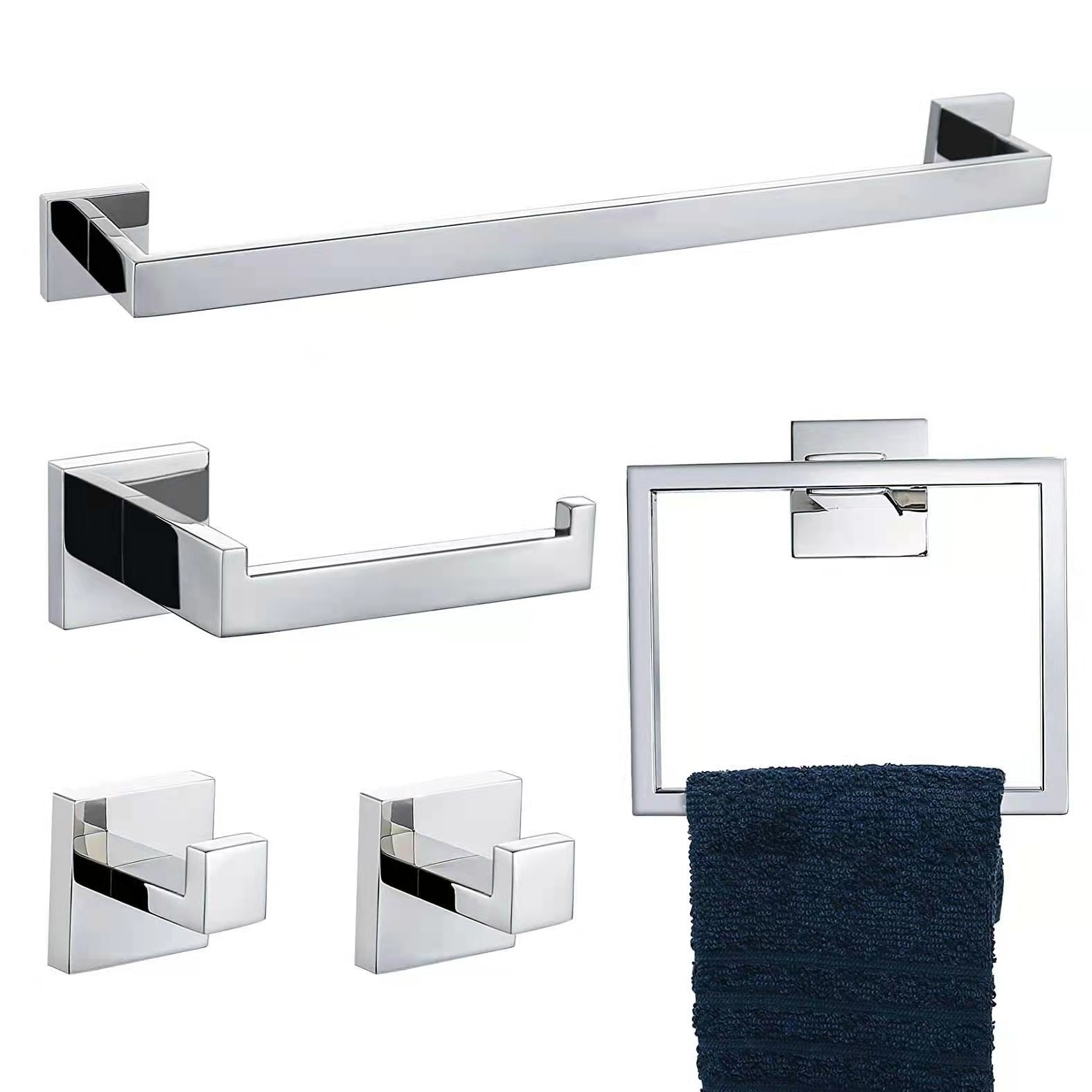 Modern Hotel 4pcs Wall Mounted Matte Black Stainless Steel Square Bathroom Accessories Set Shower Room Hardware Fittings