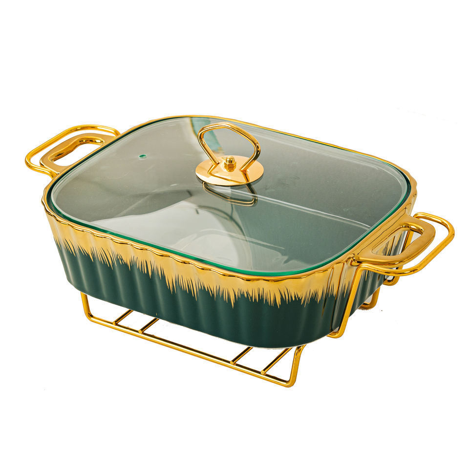 Luxury New Rectangular Gold Edge Ceramic Bakeware Casserole Ceramic Pot With Glass Lid Griddles Grill Pans Baking Tray