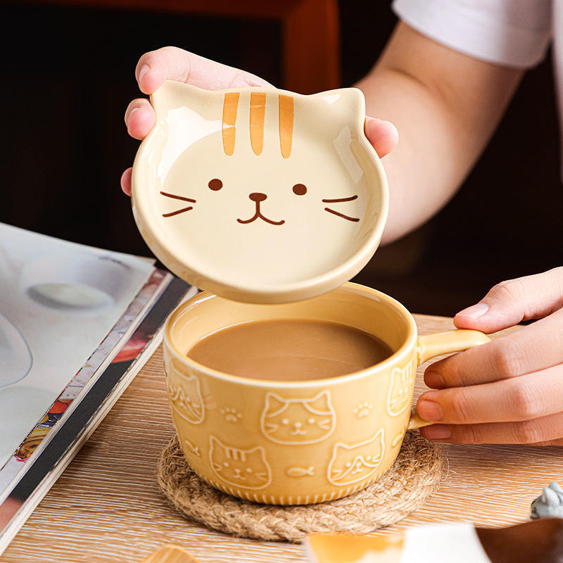 Cute Ethiopian Cat Ceramic Big Ear Cup Lovely Animal Mugs With Lid Home Decoration Breakfast Ceramic Coffee Mug