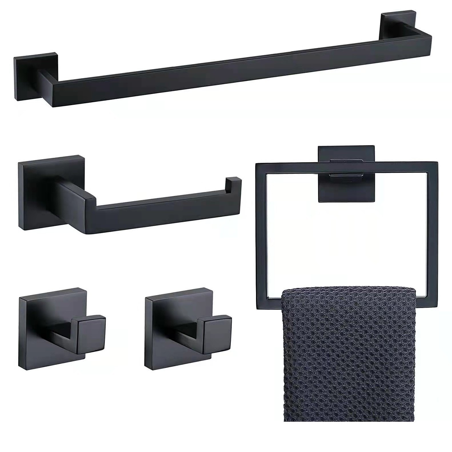 Modern Hotel 4pcs Wall Mounted Matte Black Stainless Steel Square Bathroom Accessories Set Shower Room Hardware Fittings