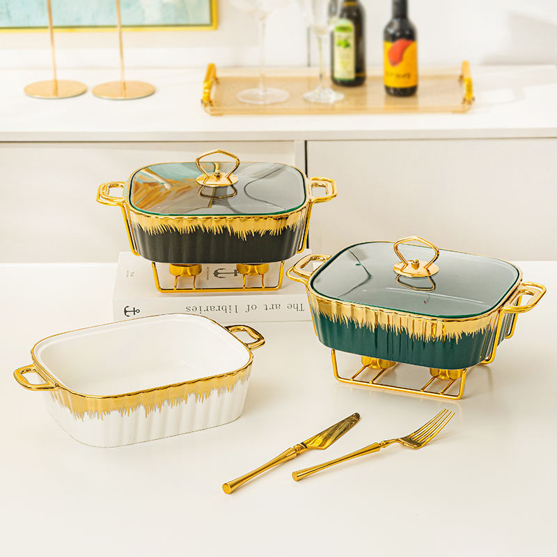 Luxury New Rectangular Gold Edge Ceramic Bakeware Casserole Ceramic Pot With Glass Lid Griddles Grill Pans Baking Tray