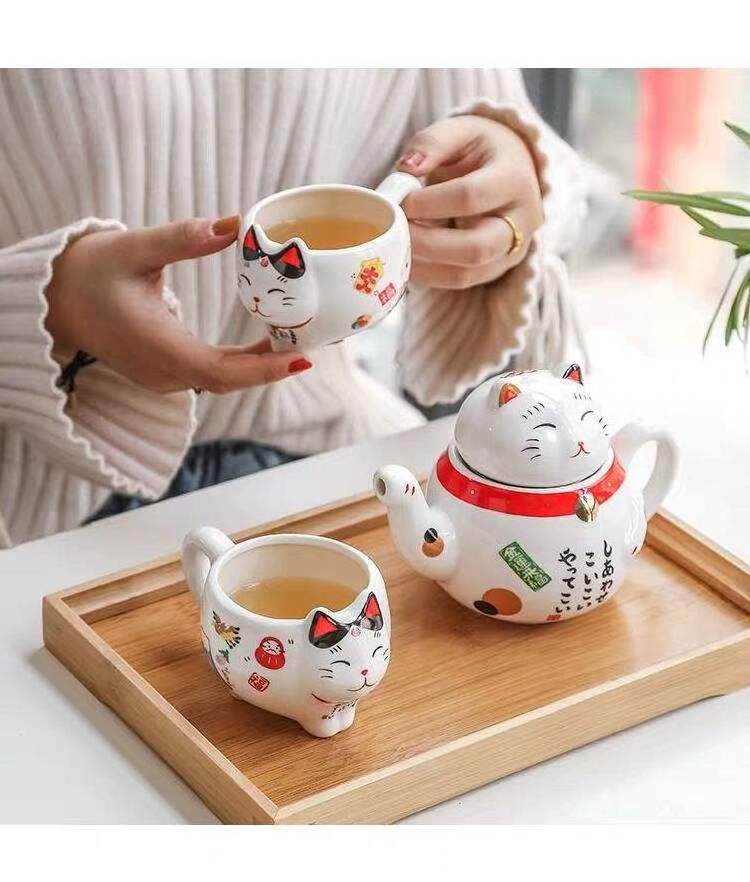 Ceramic Teapot Japanese-style Gift Filter Teapot Set One Pot Two Cups Household Cute Lucky Cat Tea Pots & Kettles