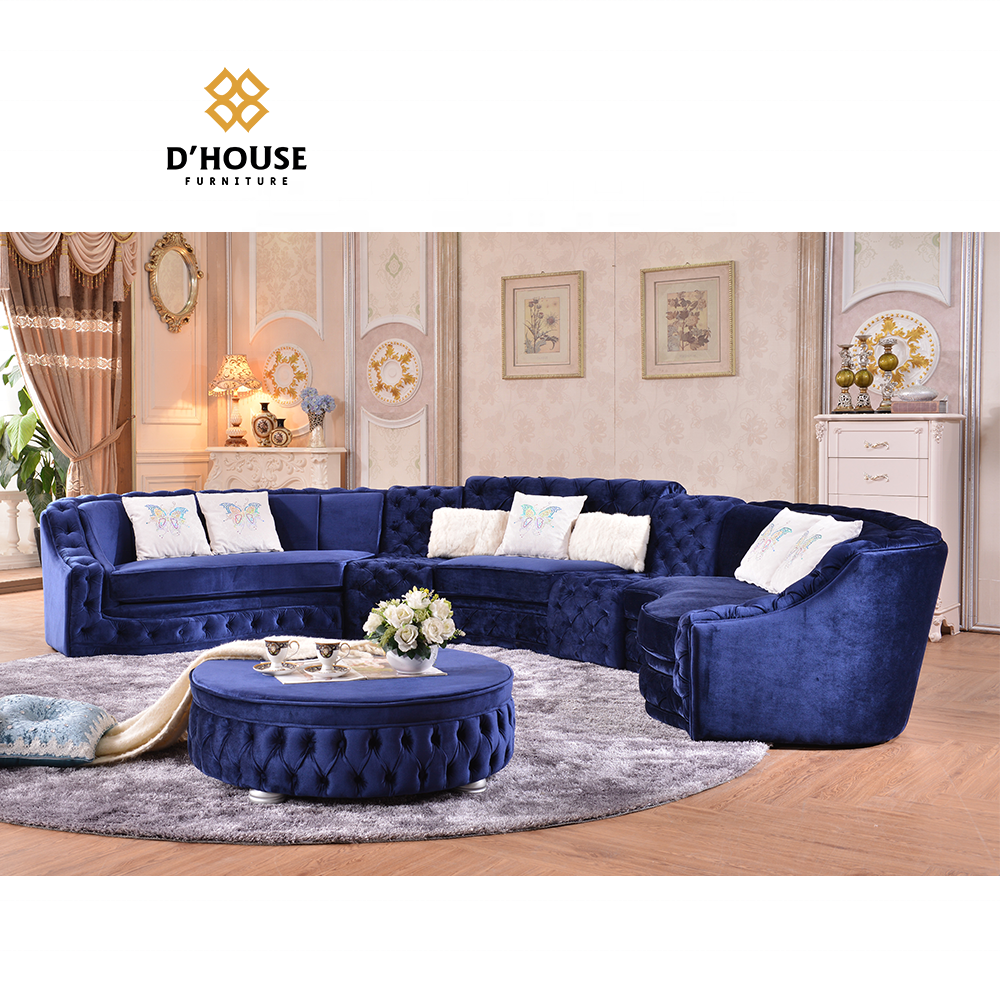 Contemporary classic furniture living room button tufted velvet fabric round circle corner curved sectional sofa set