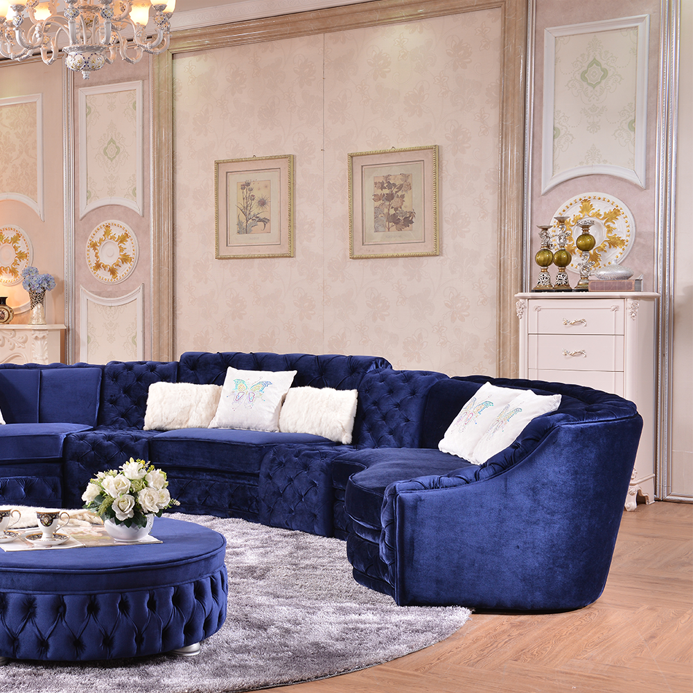 Contemporary classic furniture living room button tufted velvet fabric round circle corner curved sectional sofa set