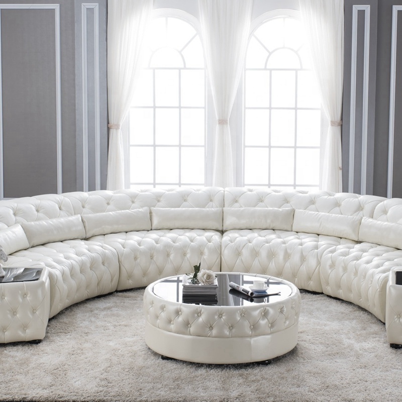 European furniture living room modern white leather sectional corner sofas with side table round table half round leather sofa