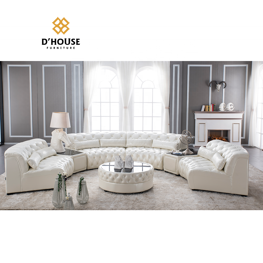 European furniture living room modern white leather sectional corner sofas with side table round table half round leather sofa