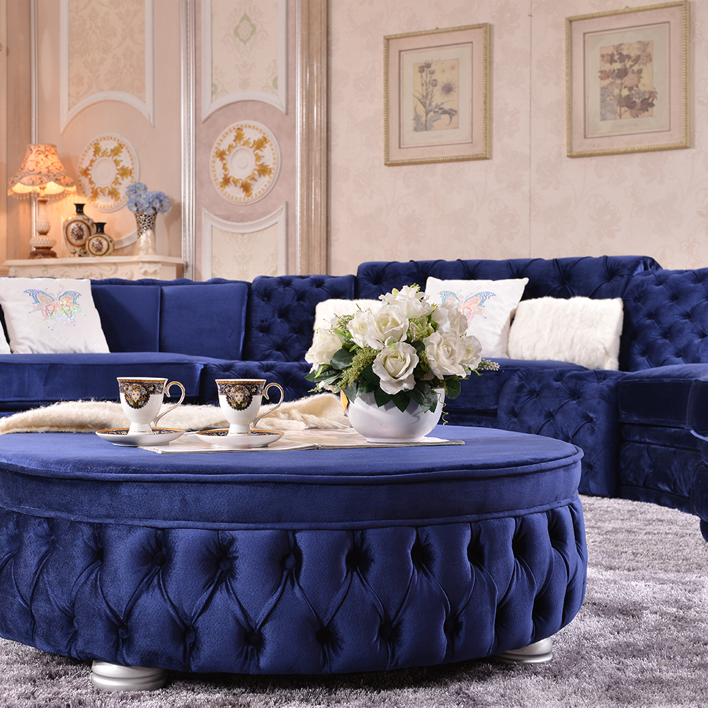 Contemporary classic furniture living room button tufted velvet fabric round circle corner curved sectional sofa set