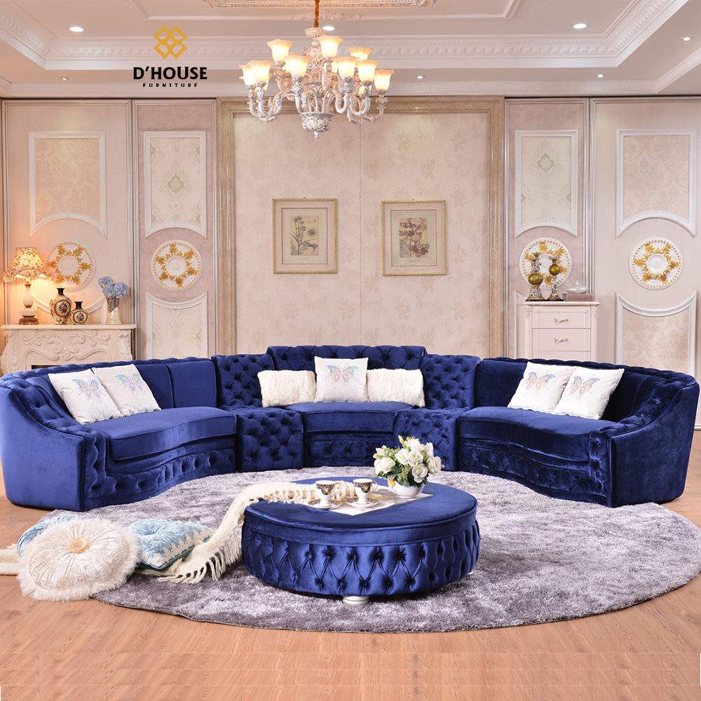 Contemporary classic furniture living room button tufted velvet fabric round circle corner curved sectional sofa set