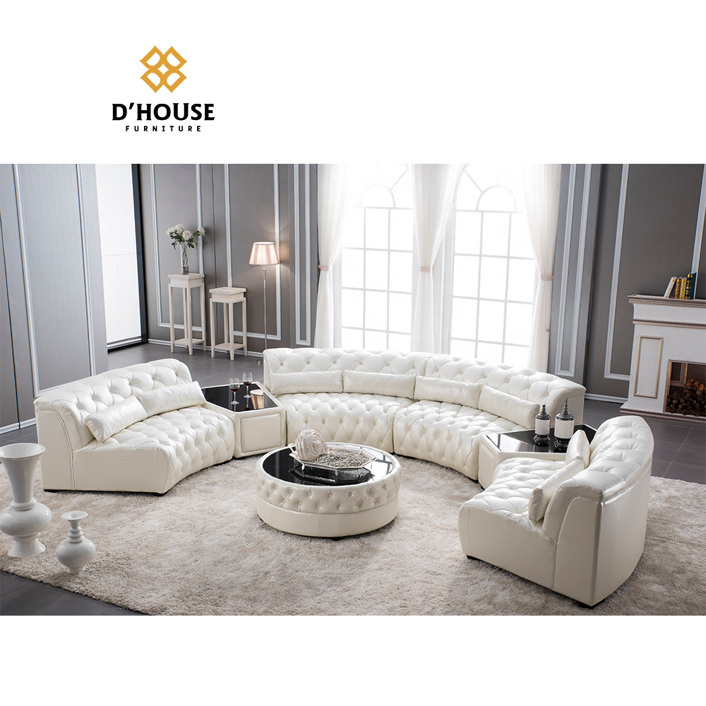 European furniture living room modern white leather sectional corner sofas with side table round table half round leather sofa