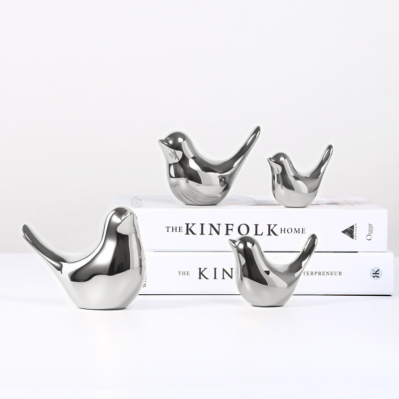 Redeco Modern Nordic Creative Silver Ceramic Bird Crafts Cute Bird Figurine Living Room TV Cabinet Study Simple Decorations