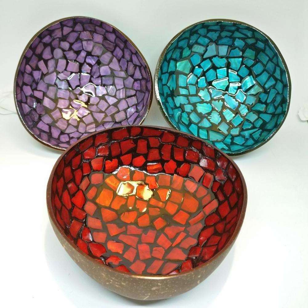 Handmade Vietnamese Mother Of Pearl Eggshell Seashell Inlaid Lacquer Coconut Shell Bowls With Custom Colors