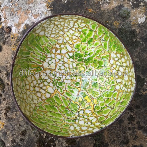 Handmade Vietnamese Mother Of Pearl Eggshell Seashell Inlaid Lacquer Coconut Shell Bowls With Custom Colors