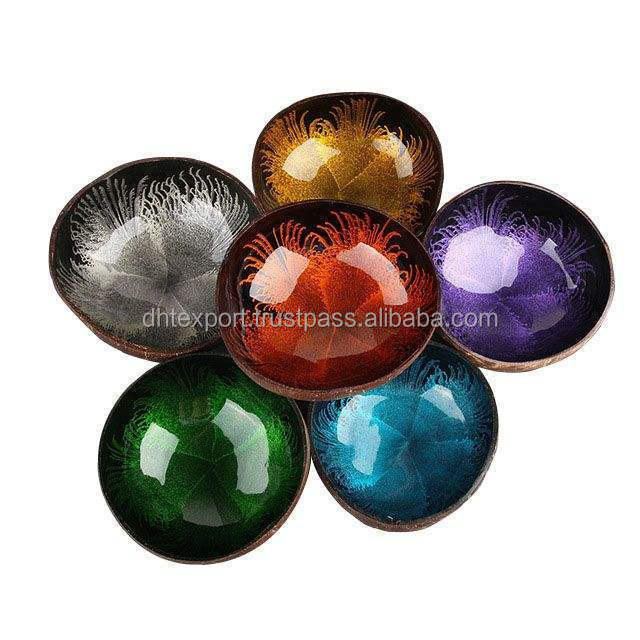 Handmade Vietnamese Mother Of Pearl Eggshell Seashell Inlaid Lacquer Coconut Shell Bowls With Custom Colors