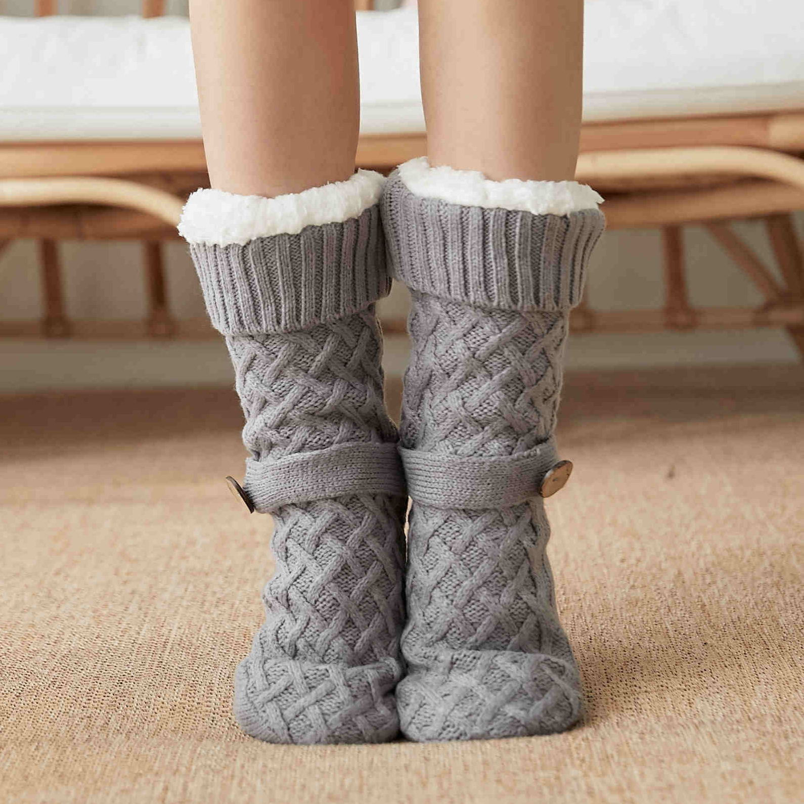 Winter Warm Custom Kids Children Solid Knitted Braid Thermal Slipper Floor Anti Slip Fleece Sherpa Socks With Botton