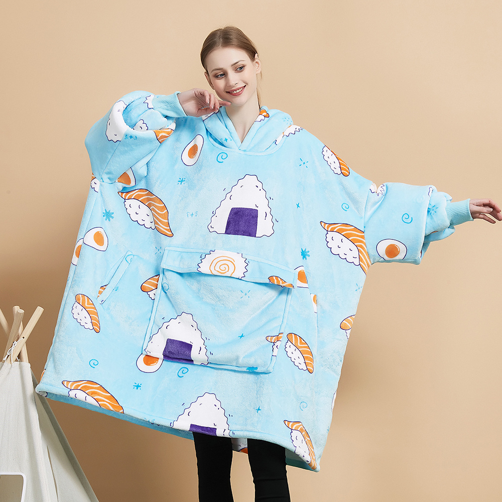 High Quality Winter 100% Polyester Customized Wearable Blanket plush Oversized Fleece Hooded Blanket Hoodie For Adult Kid