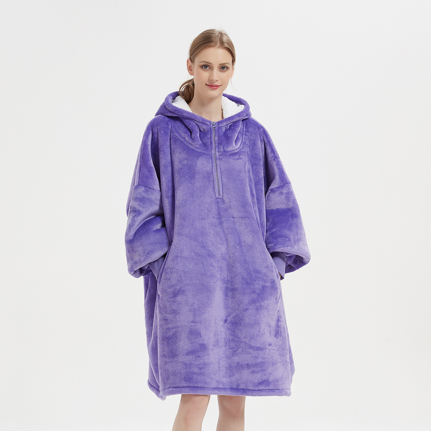 Manufacture Wearable Solid Purple short zipper Blanket Sweatshirt Oversized Blanket Hoodie Flannel Fleece Sherpa Blanket