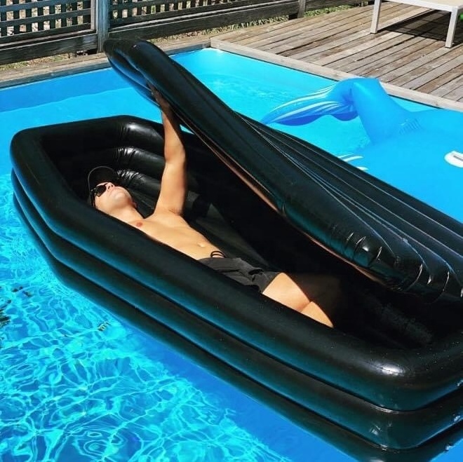 pool floats new designs pink inflatable coffin custom factory cheap OEM inflatable large toys float coffin