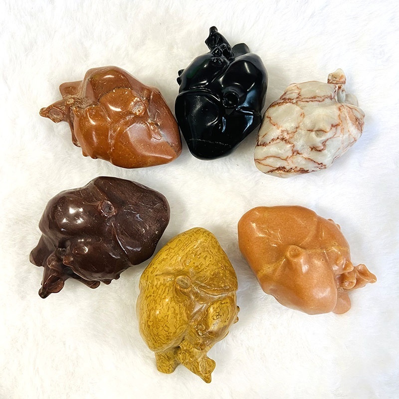 Carved crystal gemstone anatomical heart small rose quartz red brecciated jasper crystal hearts shaped organ carving