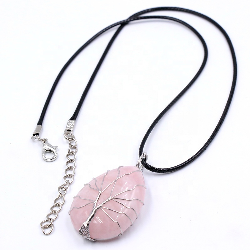 black obsidian rose quartz drop shaped natural raw gemstone crystal wire wrapped stone tree of life gold pendant necklace