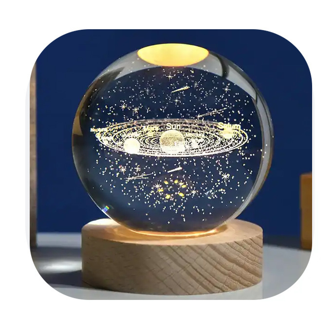 80mm Glass Solar System Planet Sphere 3D Laser Engraved Galaxy Crystal Ball with Wood LED Light Night Lamp for home decor