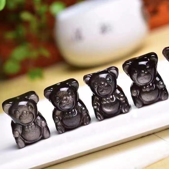 Wholesale Natural High Quality Little Bear Carving Crystal Little Bear silver obsidian For Home Decoration fengshui